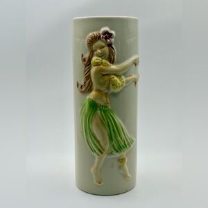 Vintage Japan Hula Girl Dancer Vase Tiki Hawaiian 3D Relief Ceramic 7” Stamped